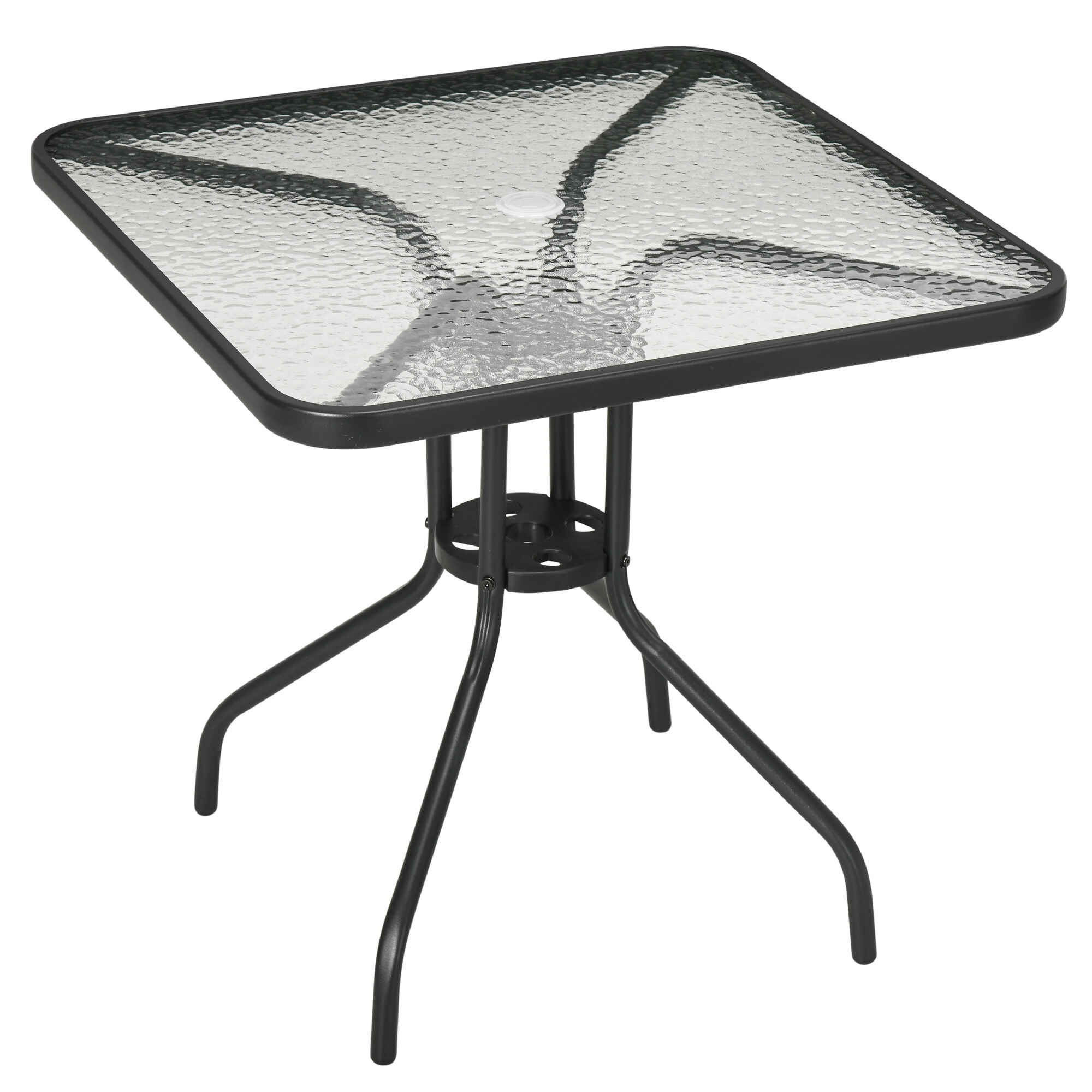 Mesa de Jardín Cuadrada Mesa de Comedor Exterior 76x76x72 cm con Agujero para Sombrilla y Encimera de Vidrio Templado para Patio Terraza Negro