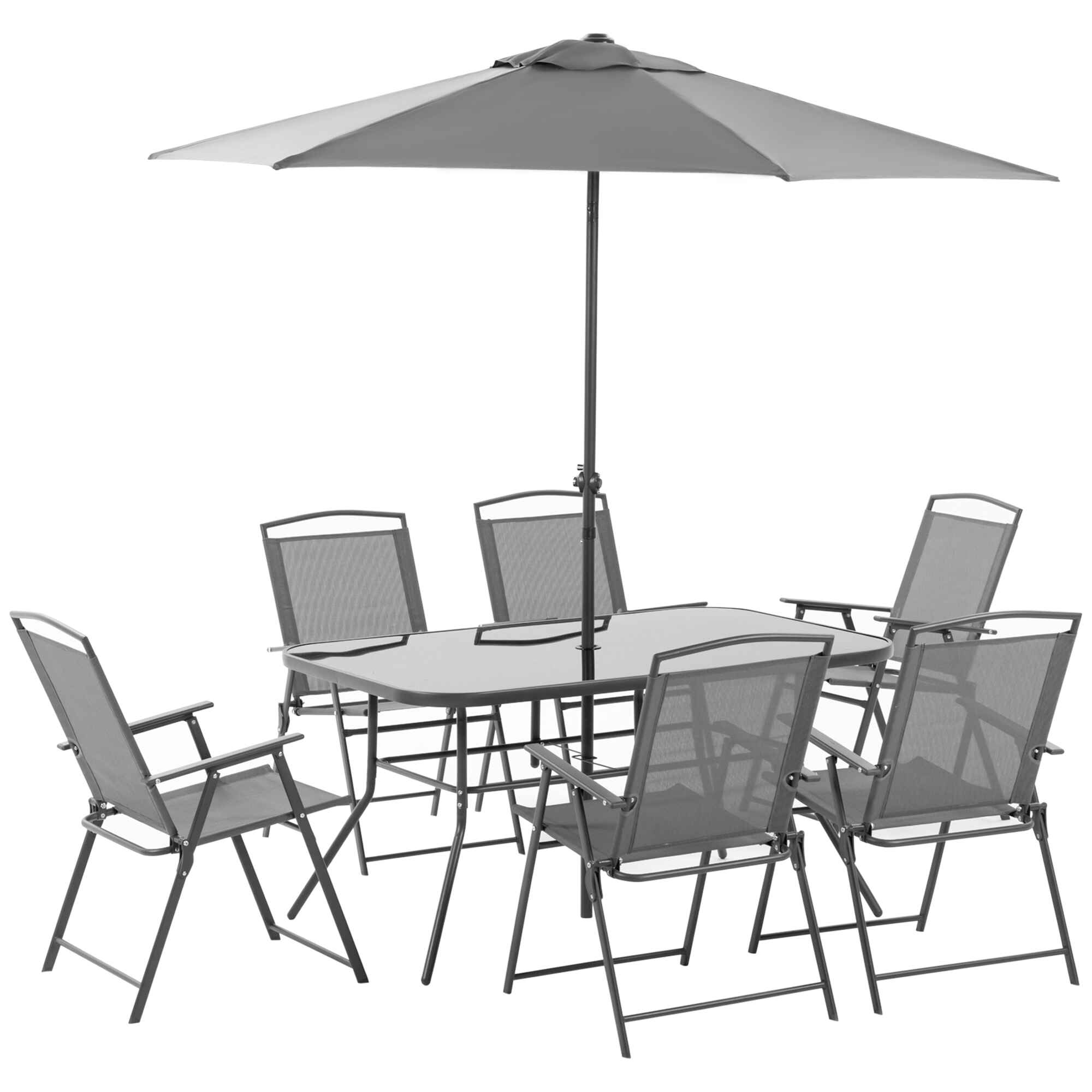 Conjunto de Muebles de Jardín 8 Piezas con 6 Sillas Plegables Mesa de Comedor de Vidrio y Sombrilla Inclinable con Manivela Protección del Sol para Terraza Exterior Gris