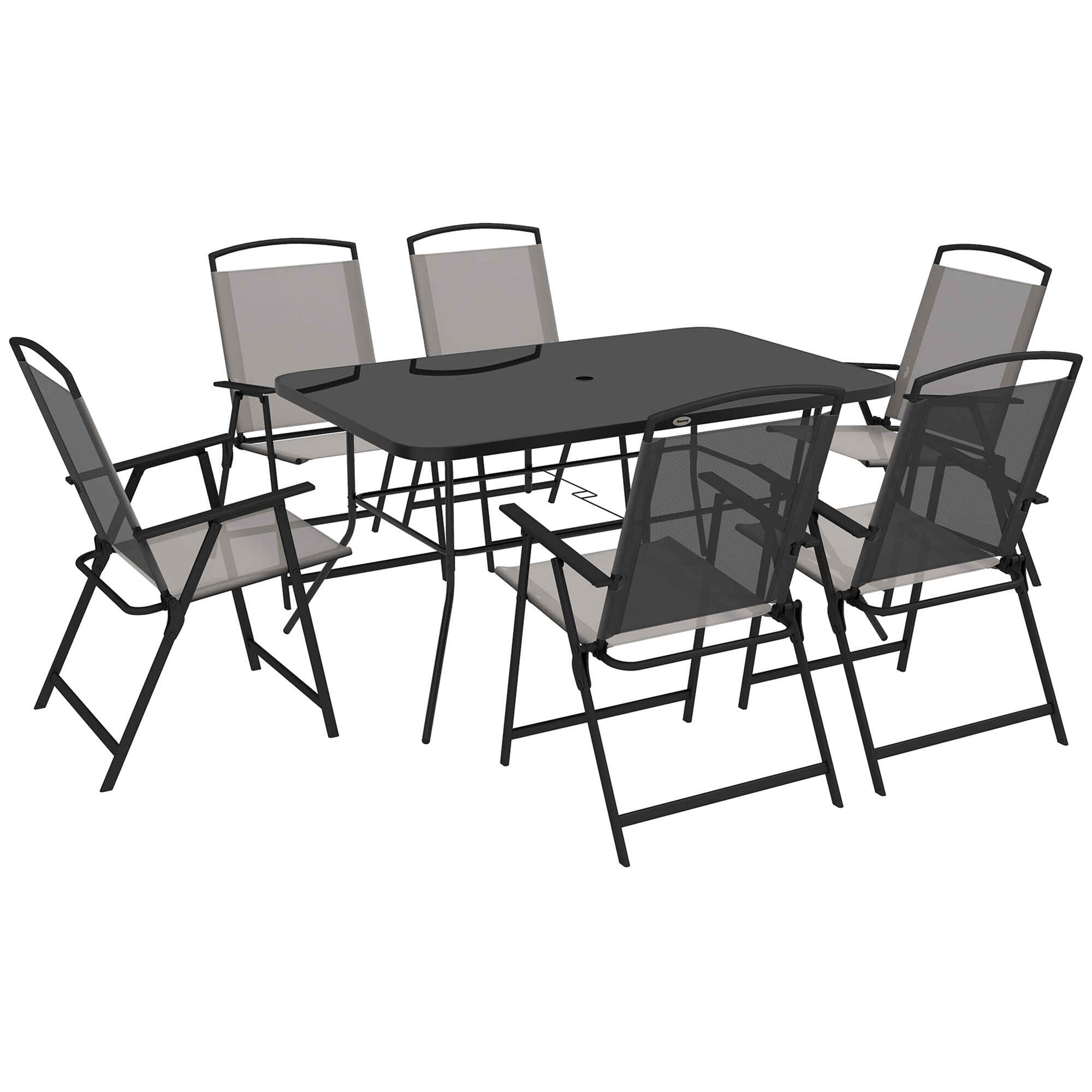 Conjunto de Muebles de Jardín de 7 Piezas Conjunto de Comedor de Exterior con 6 Sillas Plegables y Mesa de con Orificio para Sombrilla para Terraza Exterior Gris
