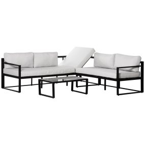 Conjunto de Muebles de Jardín 3 Piezas de Aluminio Juego de Muebles con Mesa de Vidrio Sofá de 5 Plazas con Respaldo Ajustable y Cojines Extraíbles 212x70x64 cm Negro y Gris