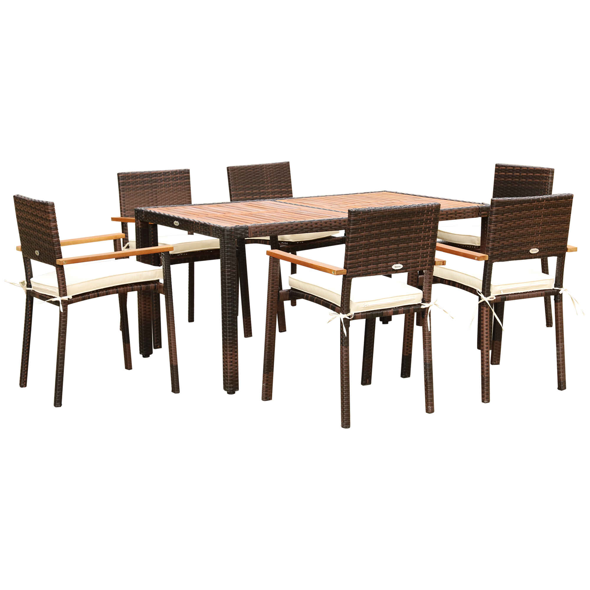 Conjunto Muebles de Ratán Sintético para Jardín 7 Piezas Juego de Comedor de Mimbre para Exteriores con 6 Sillas con Cojines y Mesa 150x90x74 cm y 50x55x88 cm Marrón