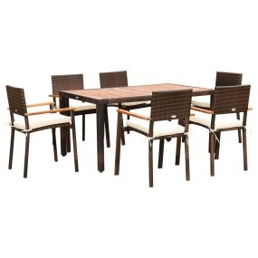 Conjunto Muebles de Ratán Sintético para Jardín 7 Piezas Juego de Comedor de Mimbre para Exteriores con 6 Sillas con Cojines y Mesa 150x90x74 cm y 50x55x88 cm Marrón
