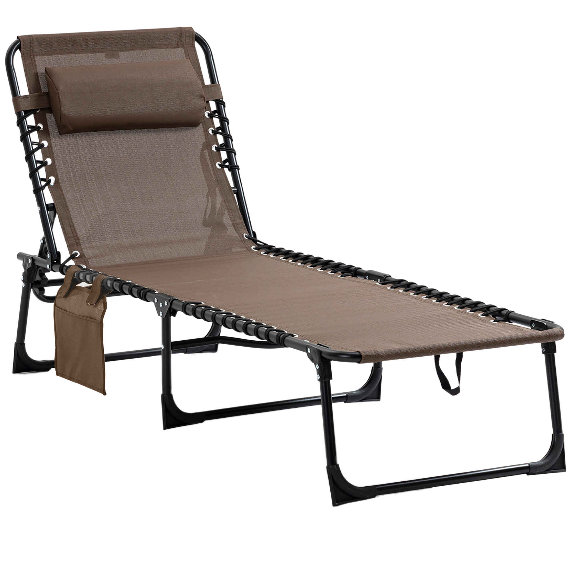 Tumbona Plegable Tumbona Jardín Exterior con Respaldo Ajustable Reposacabezas Acolchado Bolsillo Lateral y Estructura de Acero 185x58x30 cm Marrón