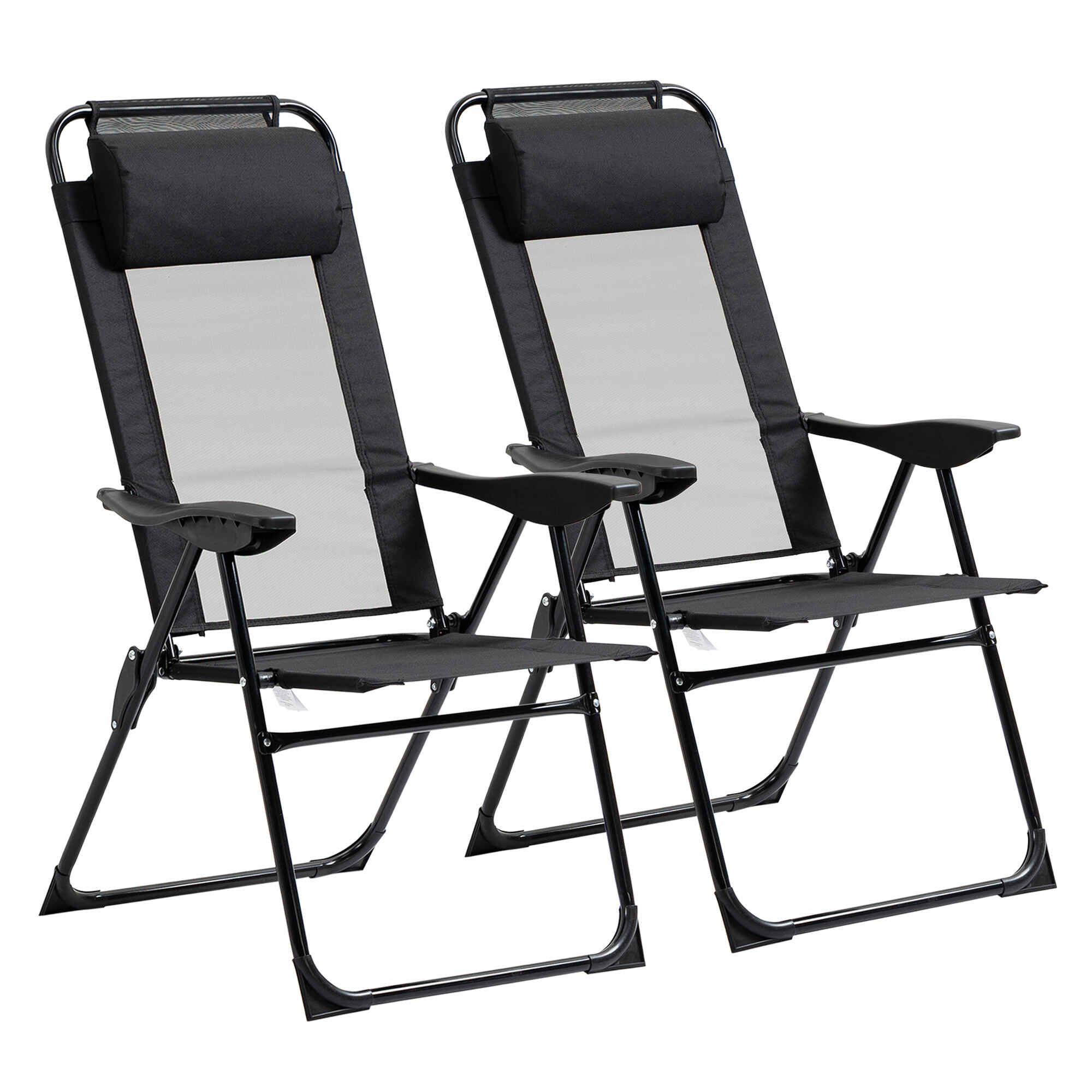 Conjunto de 2 Sillas de Camping Plegables Sillas de Jardín con Reposacabezas Desmontable y Respaldo Reclinable en 5 Niveles Carga 120 kg para Terraza Playa 62x70x109 cm Negro