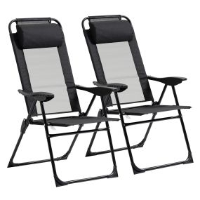 Conjunto de 2 Sillas de Camping Plegables Sillas de Jardín con Reposacabezas Desmontable y Respaldo Reclinable en 5 Niveles Carga 120 kg para Terraza Playa 62x70x109 cm Negro