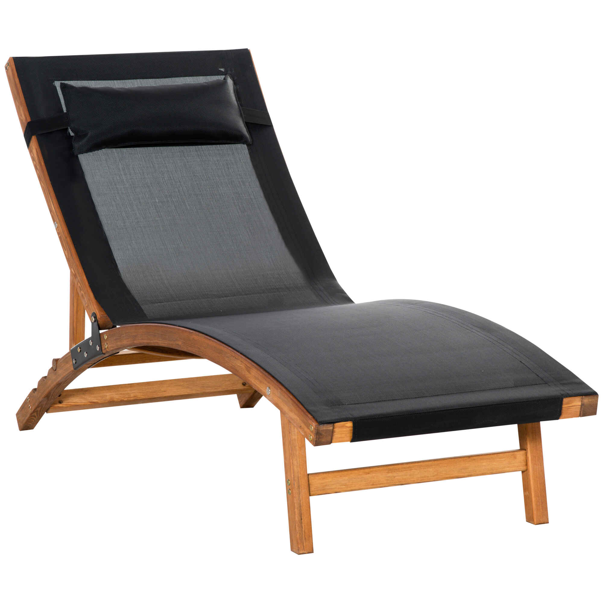 Tumbona de Jardín Tipo Hamaca con Altura de Respaldo Ajustable Reposacabeza Extraíble y Marco de Madera Ergonómico para Terraza Playa Exterior 182x64x71 cm Negro