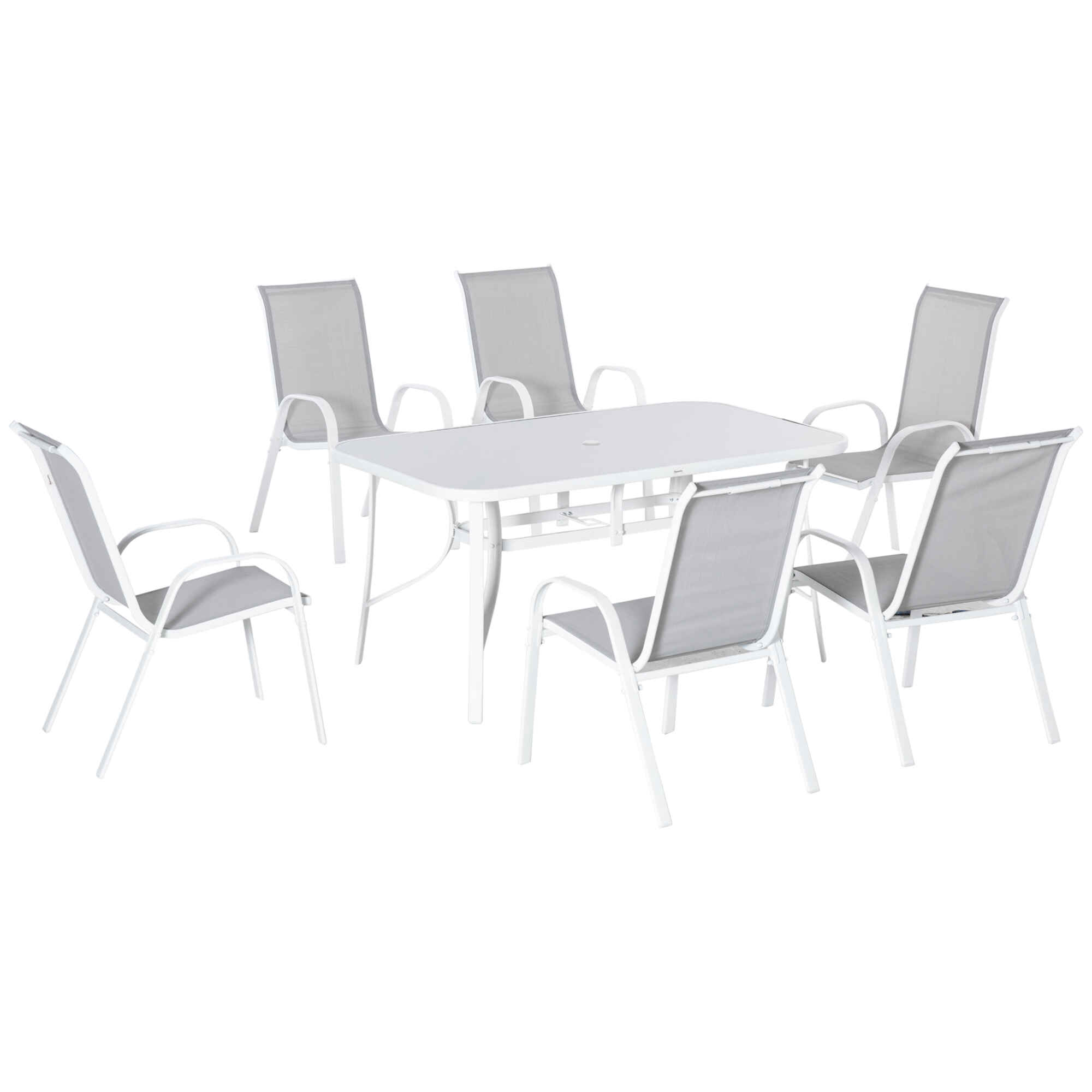 Conjunto de Muebles de Jardín de 7 Piezas Juego de Mesa y 6 Sillas para Terraza con Orificio para Sombrilla y Encimera de Cristal para Terraza Patio Gris