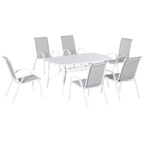 Conjunto de Muebles de Jardín de 7 Piezas Juego de Mesa y 6 Sillas para Terraza con Orificio para Sombrilla y Encimera de Cristal para Terraza Patio Gris