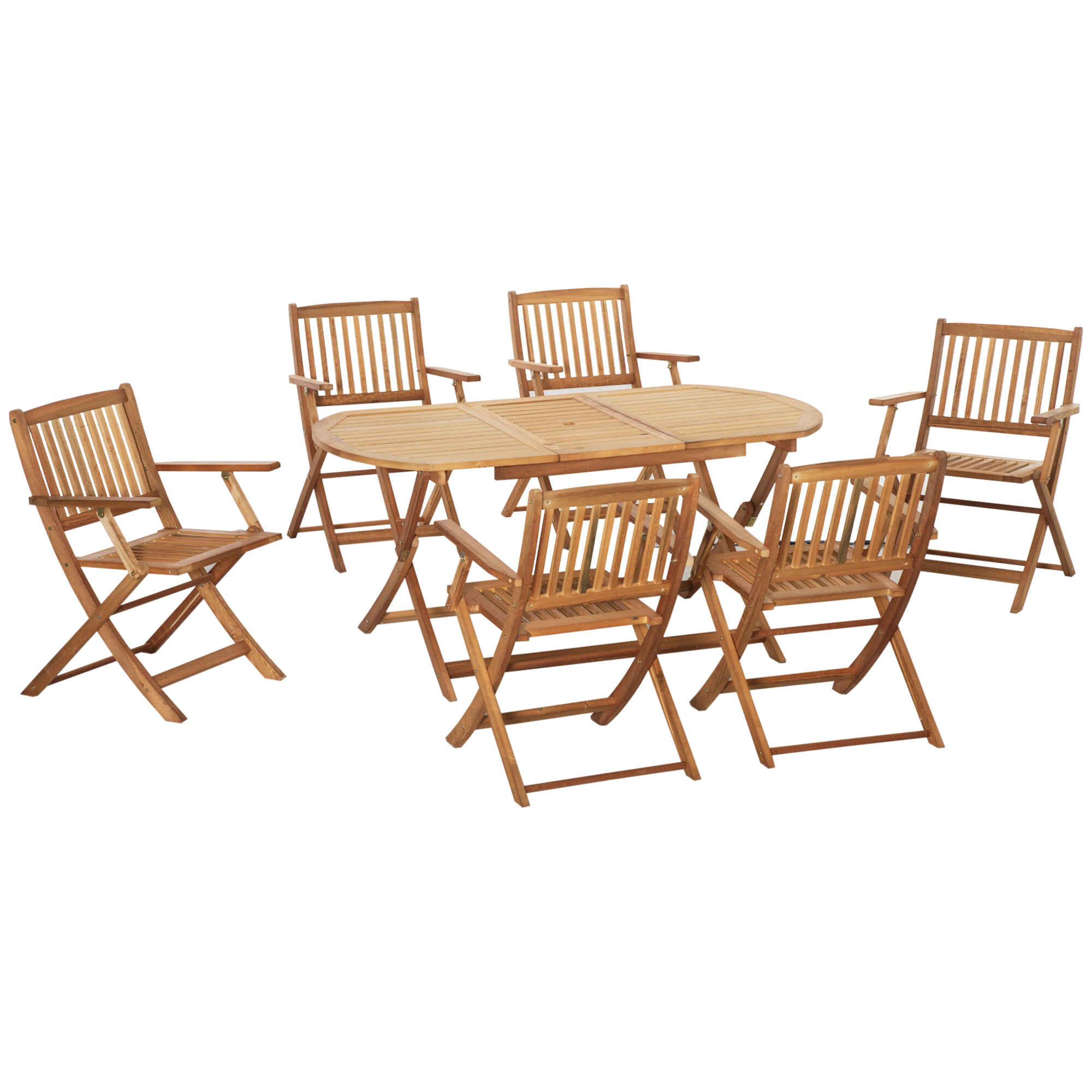 Conjunto de Jardín de Madera Plegable 7 Piezas Mueble de Jardín Mesa de Comedor 160x85x72 cm con Agujero para Sombrilla Ø38mm 6 Sillas 60x55x91 cm para Terraza Balcón Exterior Teca