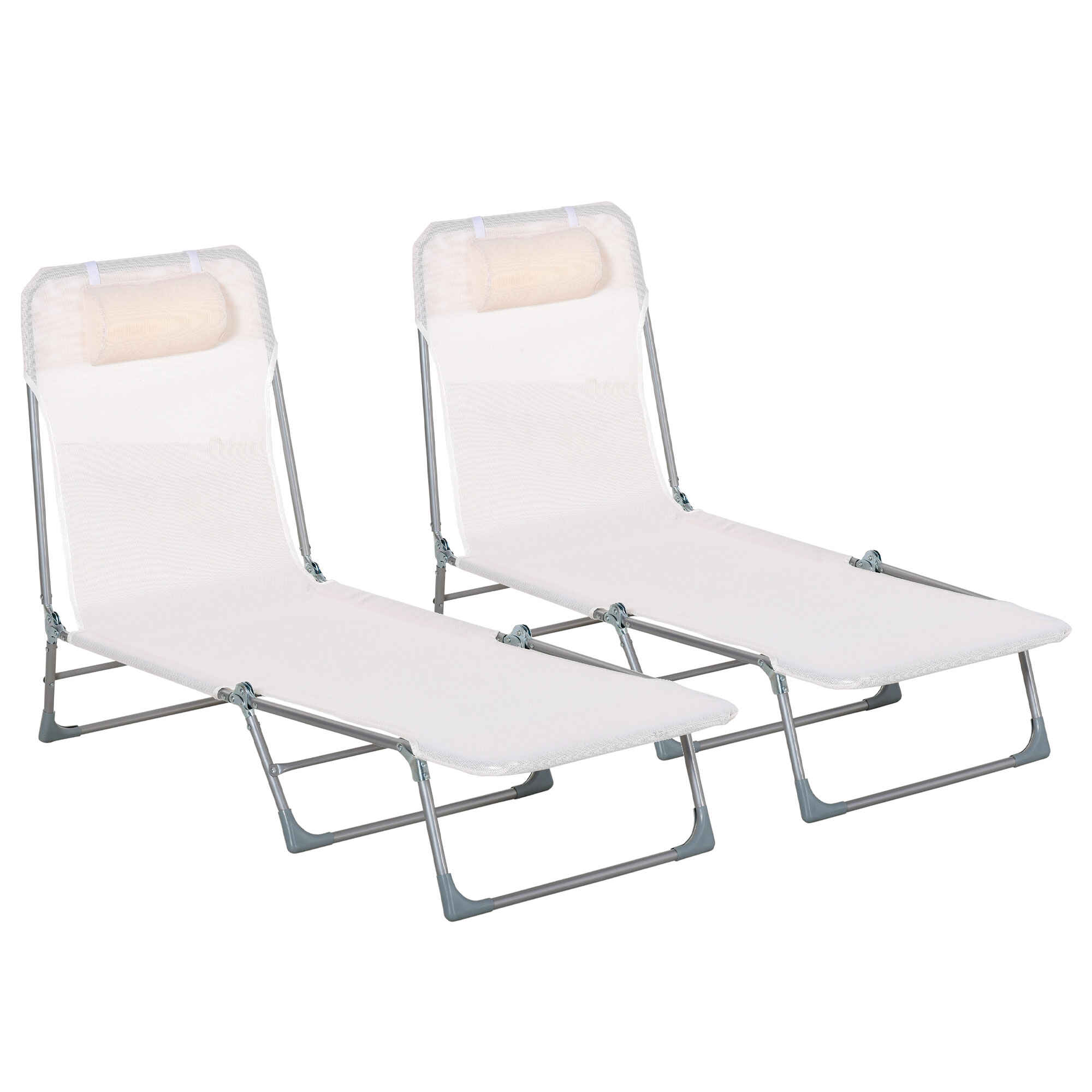 Conjunto de 2 Tumbonas Plegables y Reclinables de Jardín con Reposacabezas y Respaldo Ajustable en 5 Niveles Carga 120 kg para Playa Terraza 182x56x24,5 cm Crema