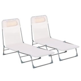 Conjunto de 2 Tumbonas Plegables y Reclinables de Jardín con Reposacabezas y Respaldo Ajustable en 5 Niveles Carga 120 kg para Playa Terraza 182x56x24,5 cm Crema