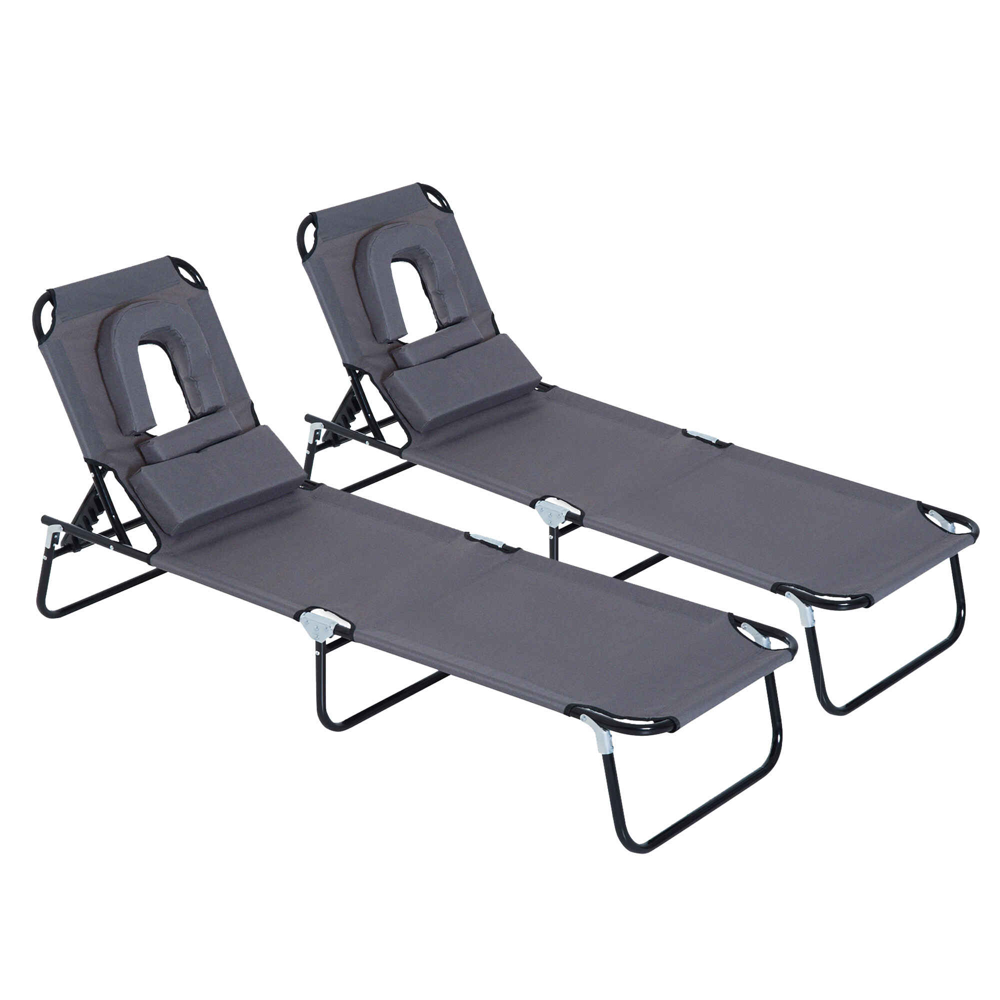 Juego de 2 Tumbonas Plegables Tumbonas de Jardín con Respaldo Ajustable en 4 Posiciones Orificio de Lectura y Almohada para Camping Playa Terraza 190x56x28 cm Gris