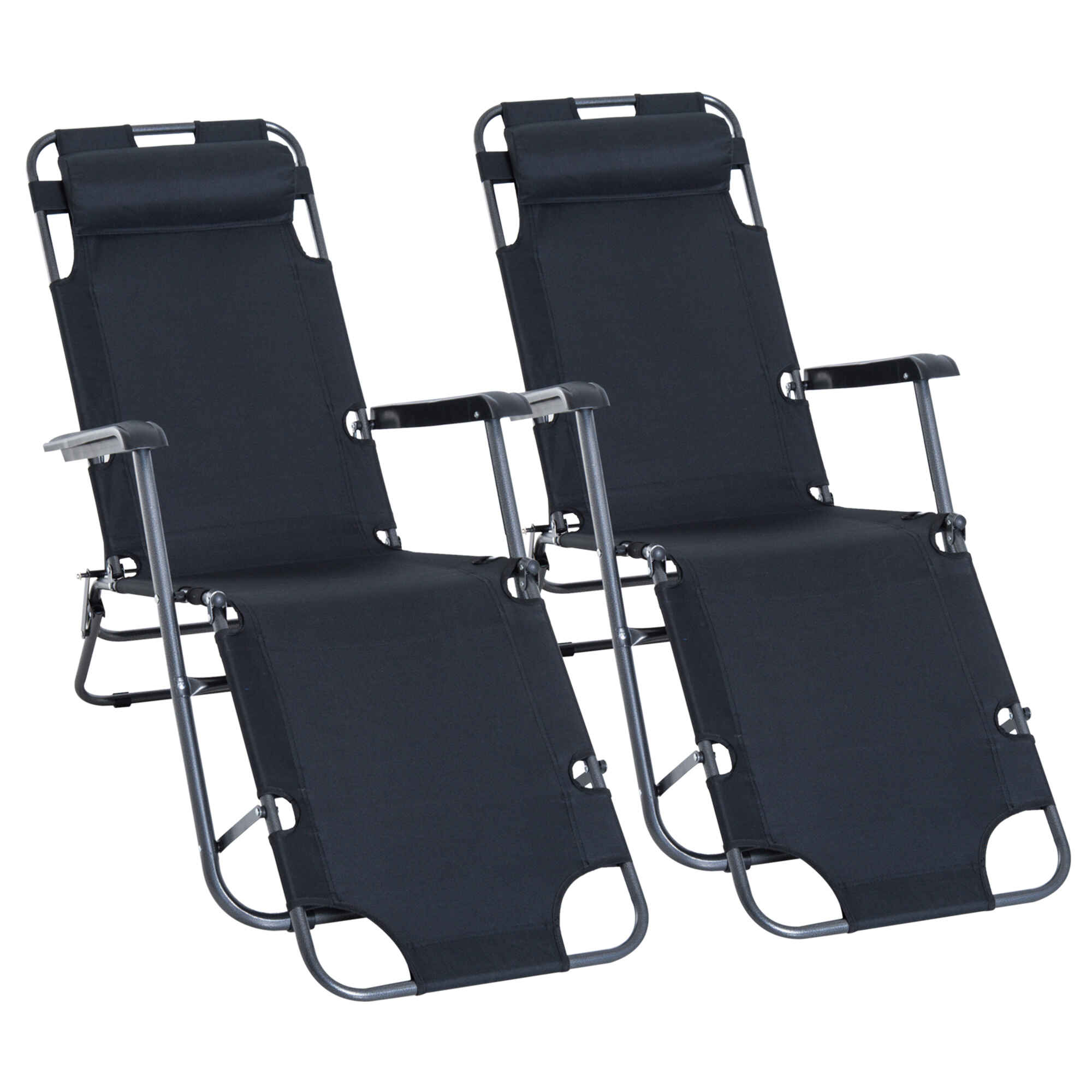 2 Tumbonas Reclinables y Plegables Tumbonas de Jardín con Respaldo Ajustable Reposabrazos Almohada y Reposapiés Carga 136 kg para Exterior Terraza 135x60x89 cm Negro
