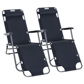 2 Tumbonas Reclinables y Plegables Tumbonas de Jardín con Respaldo Ajustable Reposabrazos Almohada y Reposapiés Carga 136 kg para Exterior Terraza 135x60x89 cm Negro