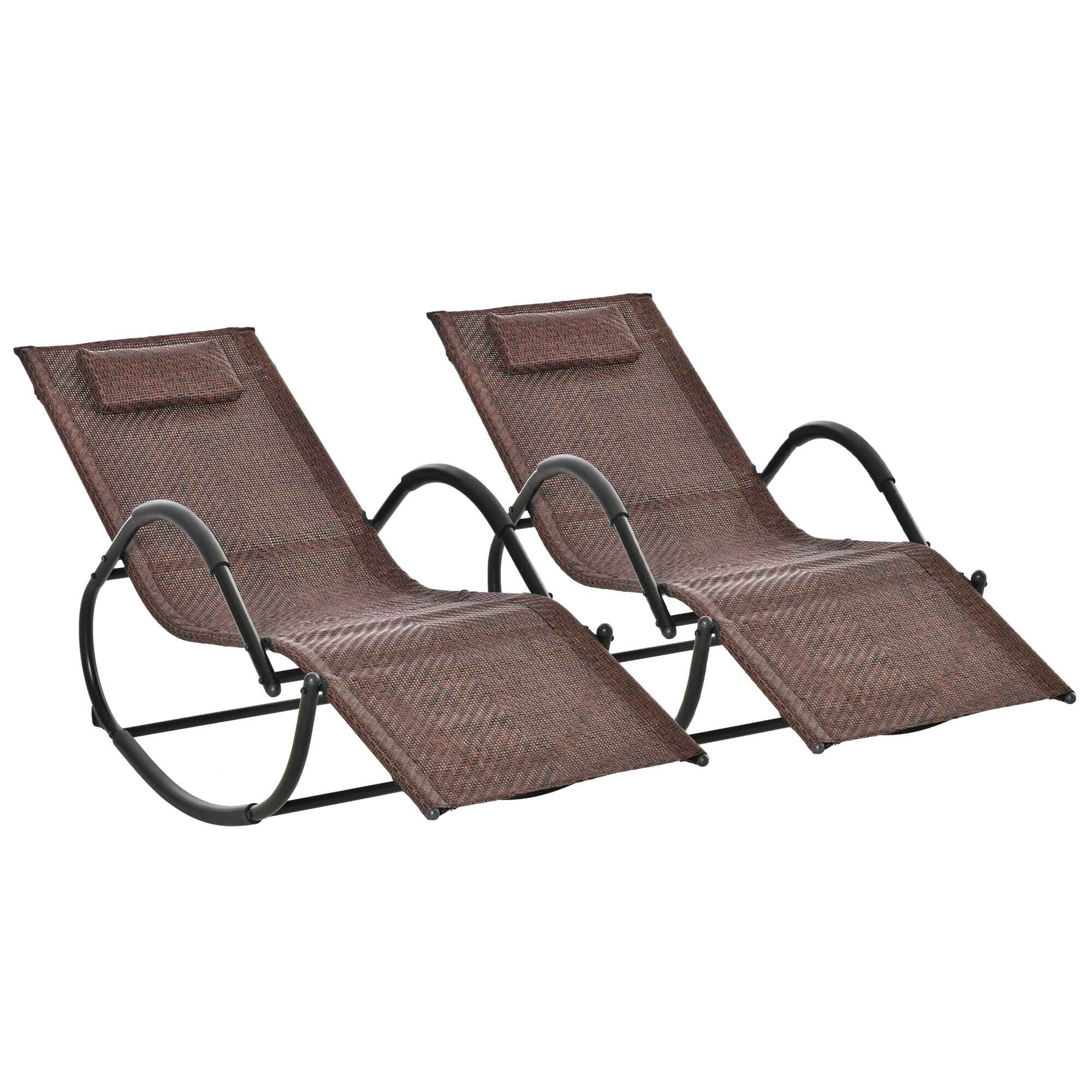 Conjunto de 2 Mecedoras de Exterior Tumbonas Mecedoras con Reposabrazos Reposacabezas y Efecto de Ratán Carga 160 kg para Jardín Terraza 160x61x79 cm Marrón