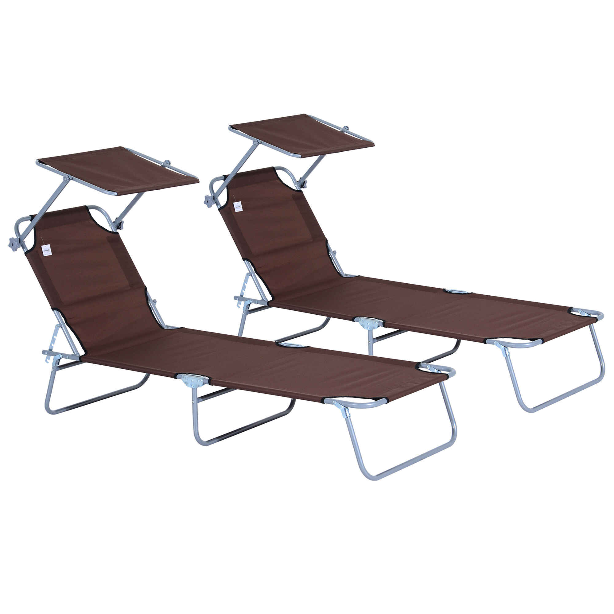 Conjunto de 2 Tumbonas Plegables Tumbonas de Jardín Reclinables con Toldo Desmontable Respaldo Ajustable en 5 Niveles para Terraza Piscina 187x58x36 cm Marrón