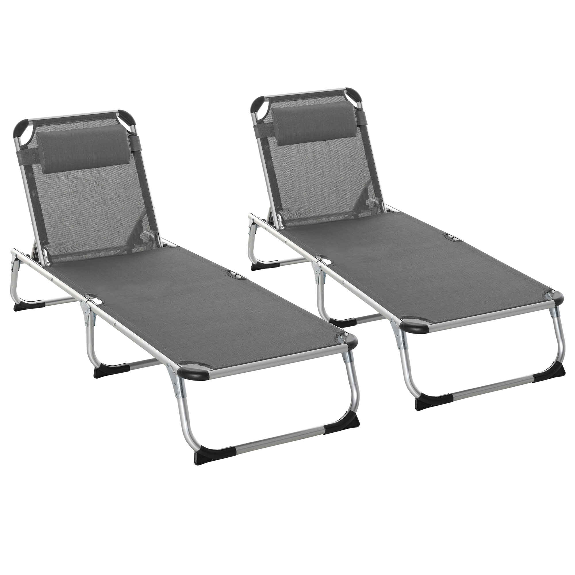 Conjunto de 2 Tumbonas Plegables de Aluminio Tumbonas de Jardín Reclinables con Reposacabezas Extraíble y Respaldo Ajustable en 4 Posiciones para Terraza Piscina Playa 165x60x76 cm Gris