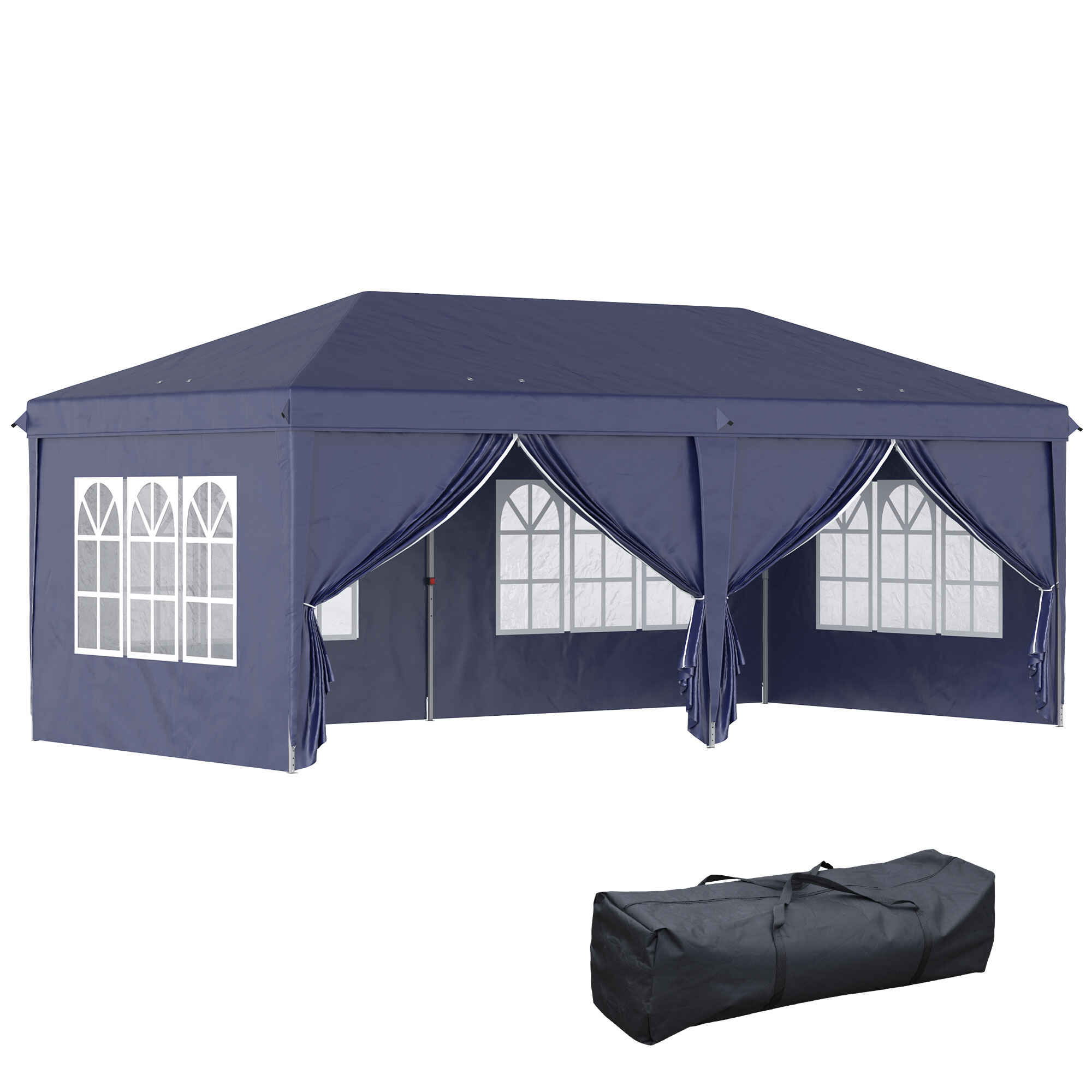 Carpa Plegable 6x3x2,7 m Cenador de Jardín Gazebo Plegable con 4 Paneles 4 Ventanas 2 Puertas con Cremallera 1 Bolsa Anti-UV Impermeable para Exterior Terraza Patio Playa Azul