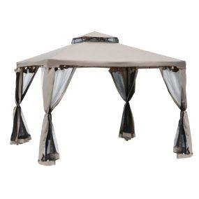Cenador de Jardín 3x3 m Pabellón de Exterior con Doble Techo de Ventilación 4 Cortinas Mosquiteras Laterales con Cremallera 8 Orificios de Drenaje Gazebo para Fiestas Patio Marrón Pardo