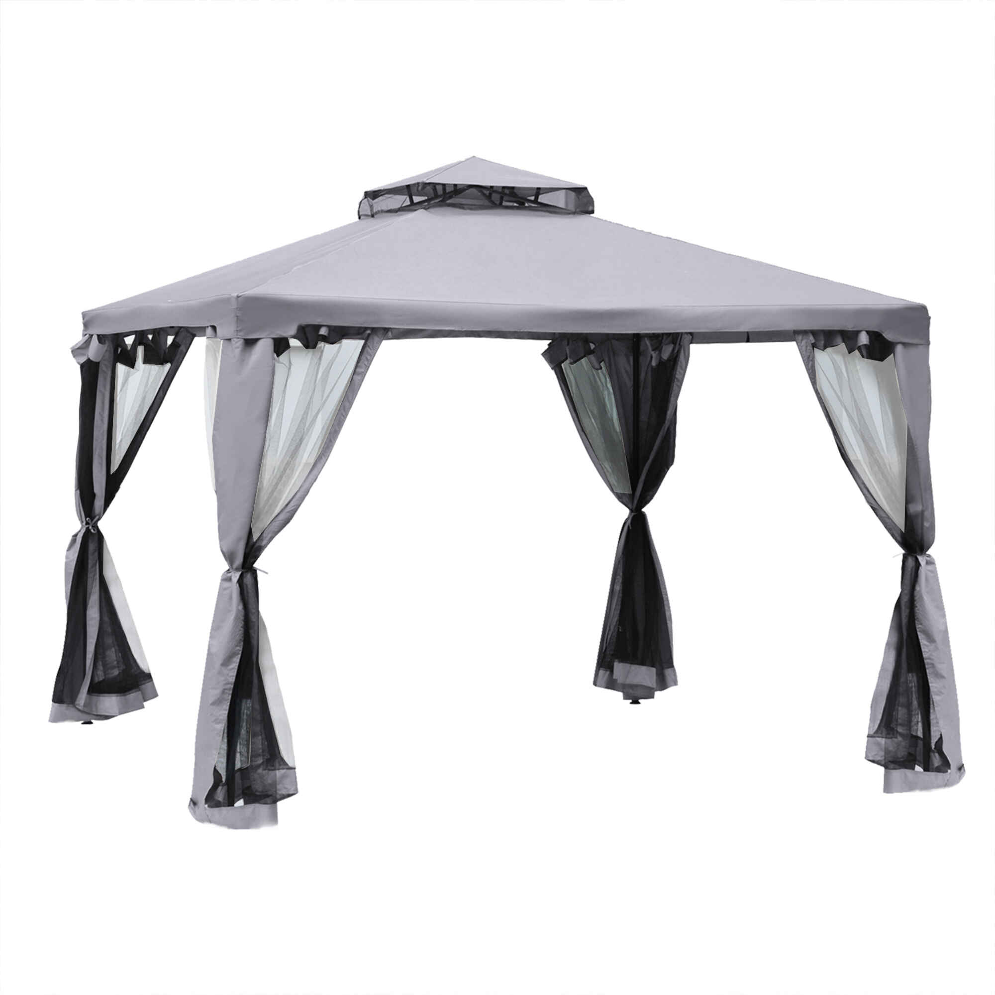 Cenador de Jardín 3x3 m Pabellón de Exterior con Doble Techo de Ventilación 4 Cortinas Mosquiteras Laterales con Cremallera 8 Orificios de Drenaje Gazebo para Fiestas Patio Gris