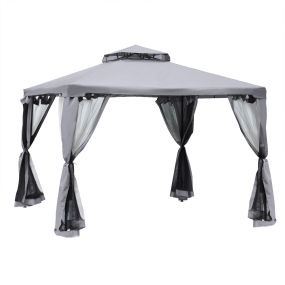 Cenador de Jardín 3x3 m Pabellón de Exterior con Doble Techo de Ventilación 4 Cortinas Mosquiteras Laterales con Cremallera 8 Orificios de Drenaje Gazebo para Fiestas Patio Gris