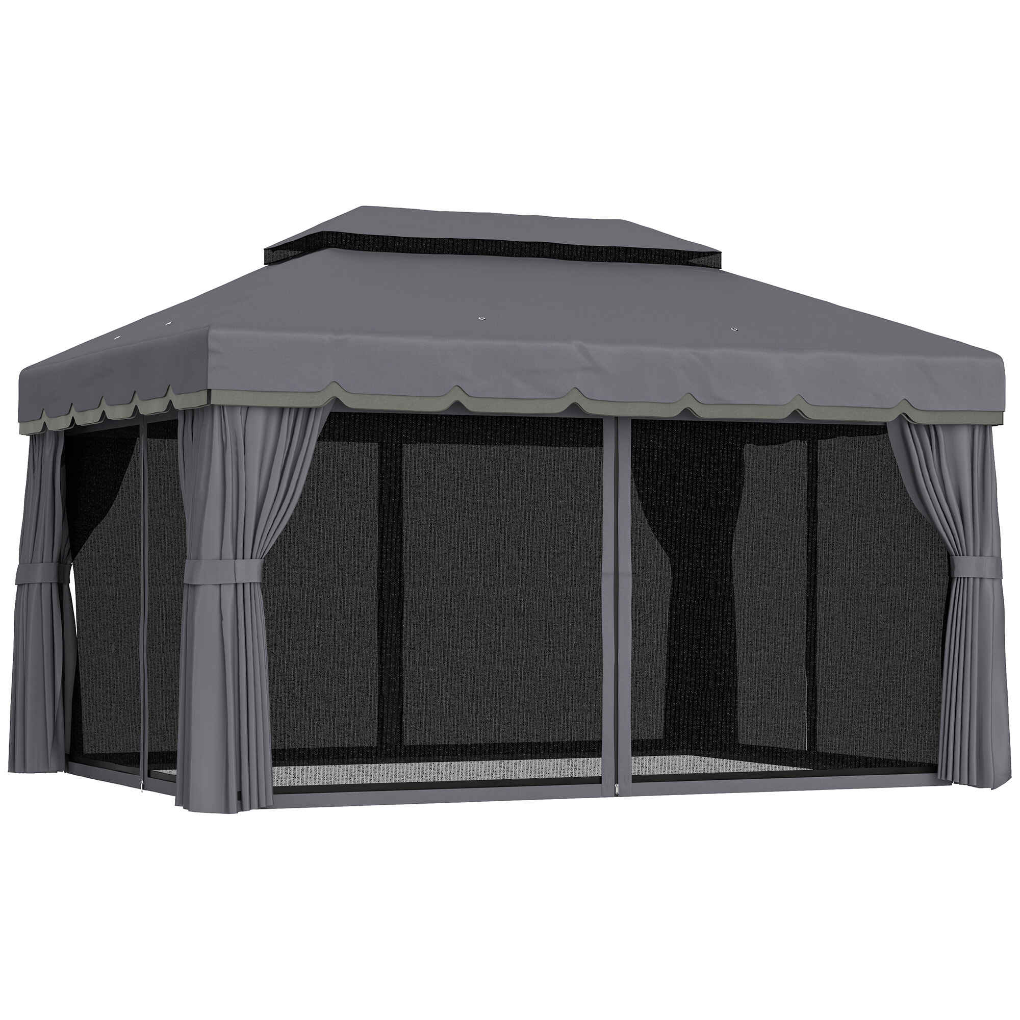 Cenador para Jardín 4x3 m Pérgola de Jardín Gazebo con Doble Techo de Ventilación Paredes Laterales Anti-UV Mosquiteras y Marco de Aluminio Carpa para Exterior Terraza Patio Gris