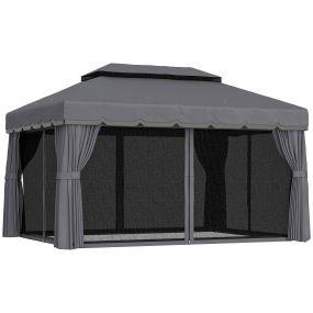 Cenador para Jardín 4x3 m Pérgola de Jardín Gazebo con Doble Techo de Ventilación Paredes Laterales Anti-UV Mosquiteras y Marco de Aluminio Carpa para Exterior Terraza Patio Gris