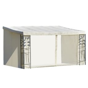 Cenador de Jardín 4x3 m Montado en la Pared con Cortinas Laterales Malla con Cremallera 4 Orificios de Drenaje para Exterior Fiestas Eventos Beige