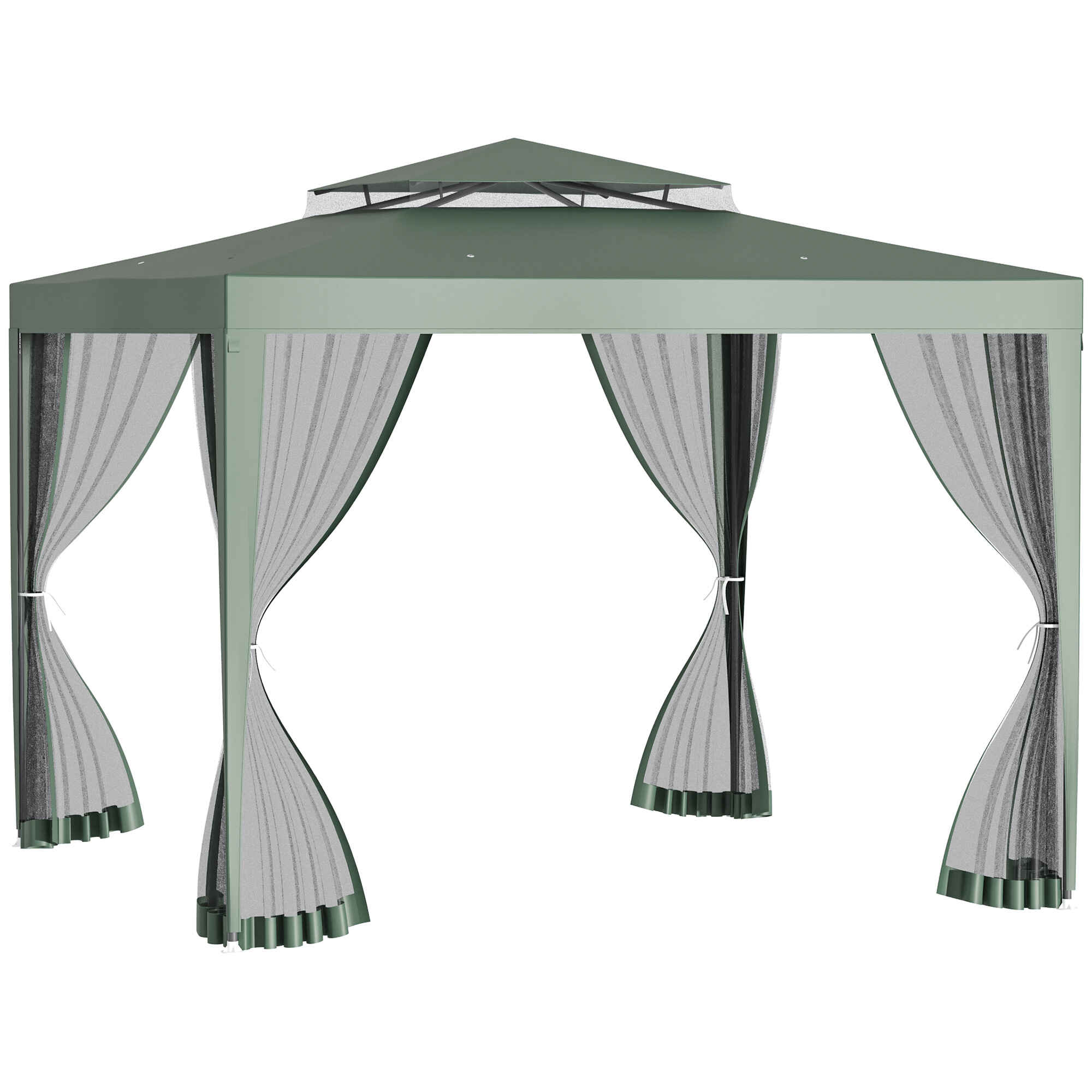 Carpa de Jardín 3x3 m Cenador con 4 Mosquiteras Laterales con Cremallera Techo de Ventilación y 8 Orificios de Drenaje Gazebo para Terraza Patio Exterior Verde