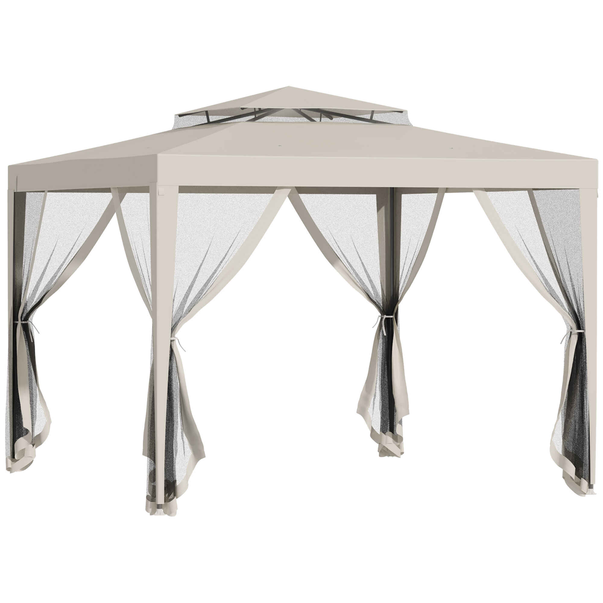 Carpa de Jardín 3x3 m Cenador Desmontable de Exterior Gazebo con 4 Mosquiteras Laterales Techo Doble y Marco Metálico Anti-UV Impermeable Pabellón para Terraza Patio Beige
