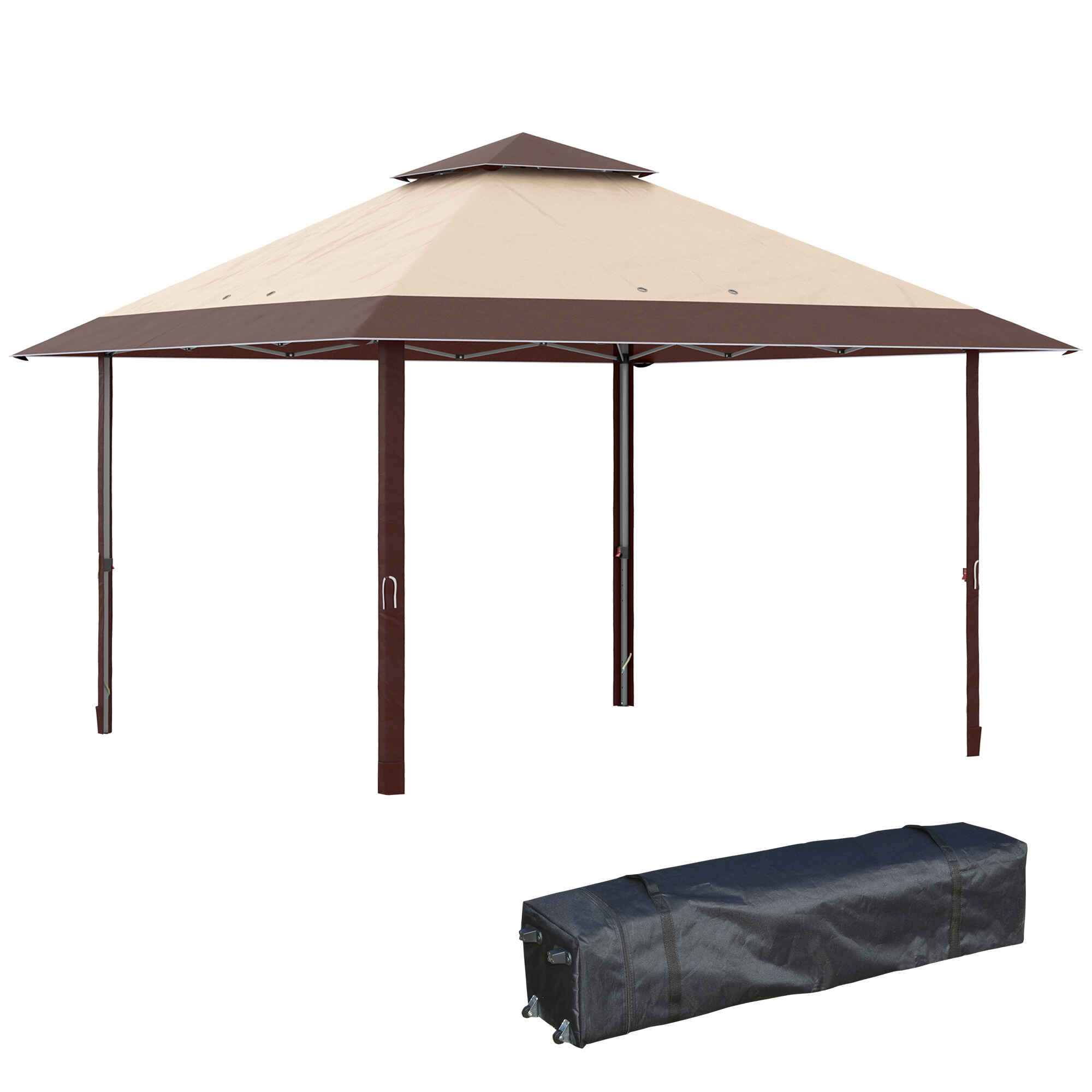 Carpa Plegable 4x4 m Cenador de Jardín con Doble Techo Altura Ajustable en 3 Niveles y Bolsa de Transporte Impermeable Anti-UV Gazebo para Exterior Fiestas Bodas Caqui y Café