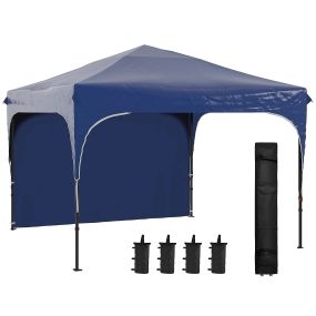 Carpa Plegable 3x3 m Cenador de Jardín con Altura Ajustable 1 Pared Lateral Impermeable 4 Bolsas de Arena y Bolsa de Transporte Gazebo para Exterior Patio Fiestas Azul