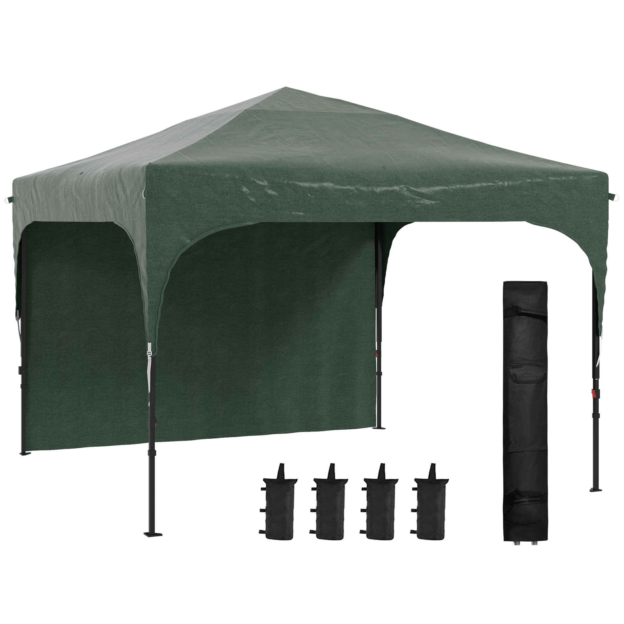 Carpa Plegable 3x3 m Cenador de Jardín con Altura Ajustable 1 Pared Lateral Impermeable 4 Bolsas de Arena y Bolsa de Transporte Gazebo para Exterior Patio Fiestas Verde