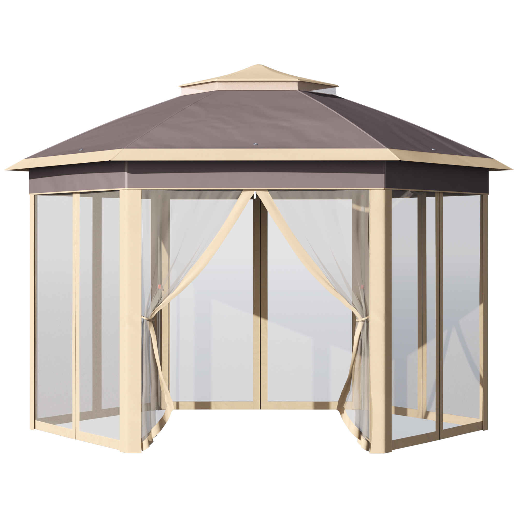 Carpa Plegable 4x3,4x2,85 m Cenador de Jardín Hexagonal con Doble Techo 6 Mosquiteras Desmontables Bolsa de Transporte Altura Ajustable en 3 Niveles y Anti-UV Gazebo para Fiesta Patio Beige