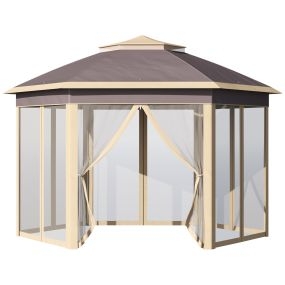 Carpa Plegable 4x3,4x2,85 m Cenador de Jardín Hexagonal con Doble Techo 6 Mosquiteras Desmontables Bolsa de Transporte Altura Ajustable en 3 Niveles y Anti-UV Gazebo para Fiesta Patio Beige