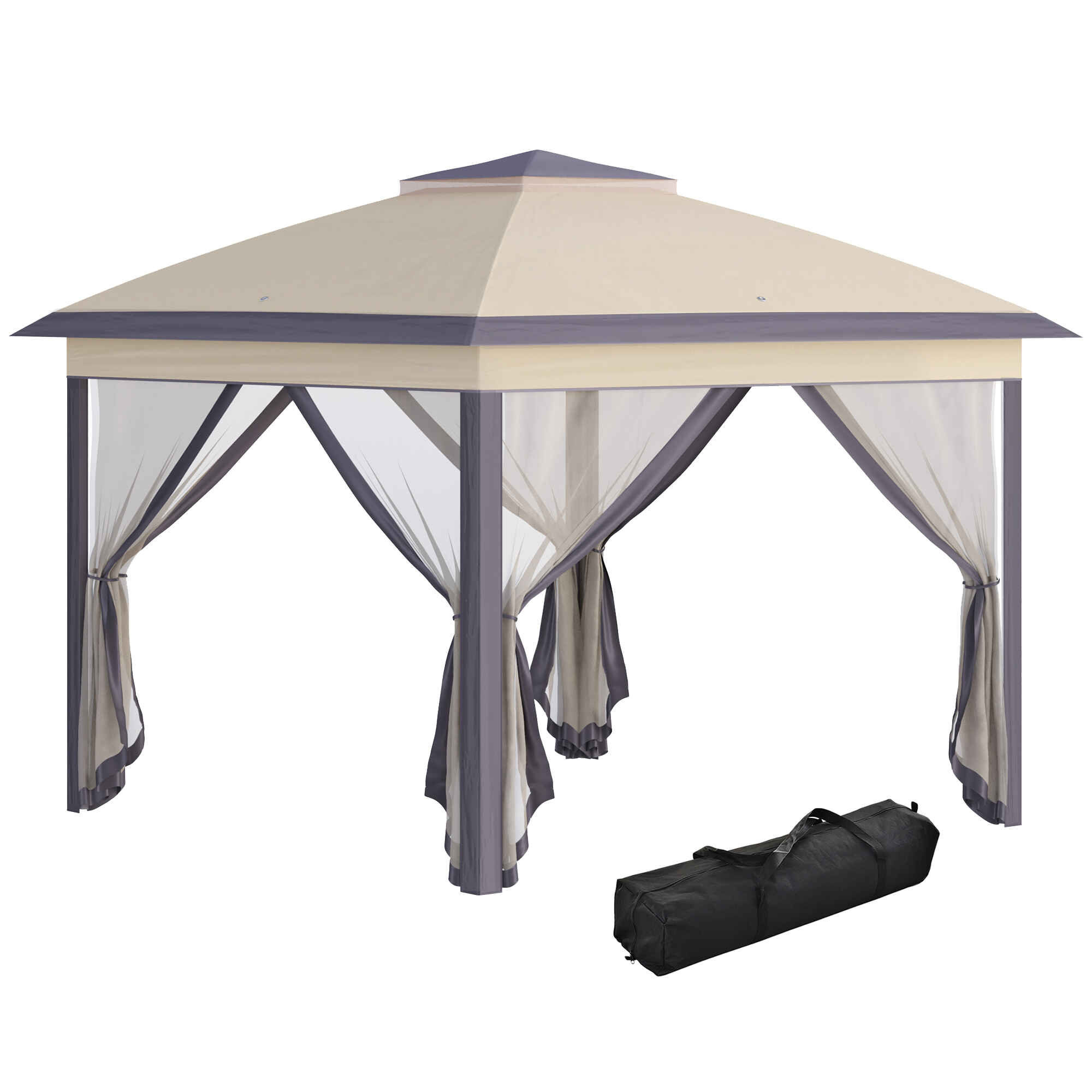 Carpa Plegable Exterior 3,3x3,3x2,88 m Altura Ajustable Cenador de Jardín con Doble Techo 4 Mosquiteras Extraíbles y Bolsa de Transporte para Camping Fiestas Beige