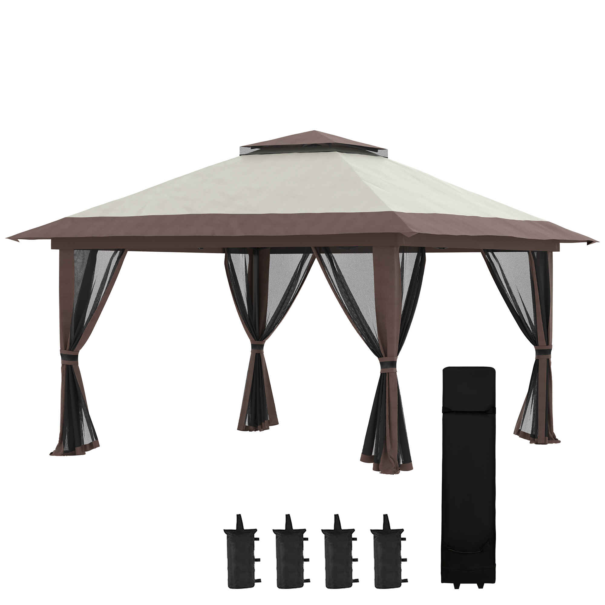 Carpa Plegable Pop-up 4x4x2,8 m Cenador de Jardín con Paredes Altura Ajustable Anti-UV Impermeable Doble Techo Mosquiteras y Bolsa de Ruedas Gazebo para Exterior Fiestas Camping Beige