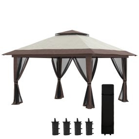 Carpa Plegable Pop-up 4x4x2,8 m Cenador de Jardín con Paredes Altura Ajustable Anti-UV Impermeable Doble Techo Mosquiteras y Bolsa de Ruedas Gazebo para Exterior Fiestas Camping Beige
