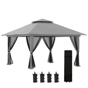 Carpa Plegable Pop-up 4x4x2,8 m Cenador de Jardín con Paredes Altura Ajustable Anti-UV Impermeable Doble Techo Mosquiteras y Bolsa de Ruedas Gazebo para Exterior Fiestas Camping Gris Oscuro