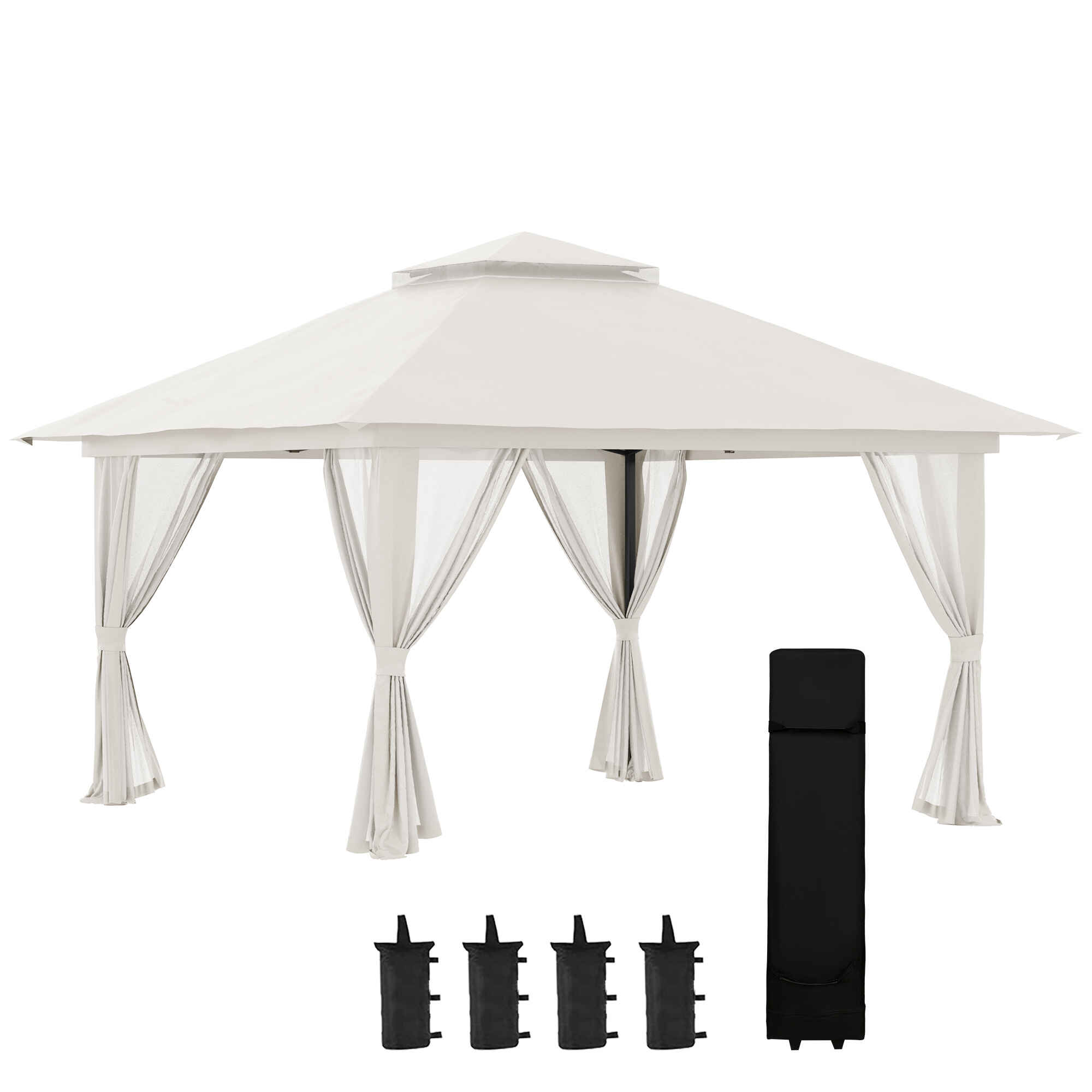 Carpa Plegable Pop-up 4x4x2,8 m Cenador de Jardín con Paredes Altura Ajustable Anti-UV Impermeable Doble Techo Mosquiteras y Bolsa de Ruedas Gazebo para Exterior Fiestas Camping Crema