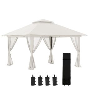 Carpa Plegable Pop-up 4x4x2,8 m Cenador de Jardín con Paredes Altura Ajustable Anti-UV Impermeable Doble Techo Mosquiteras y Bolsa de Ruedas Gazebo para Exterior Fiestas Camping Crema