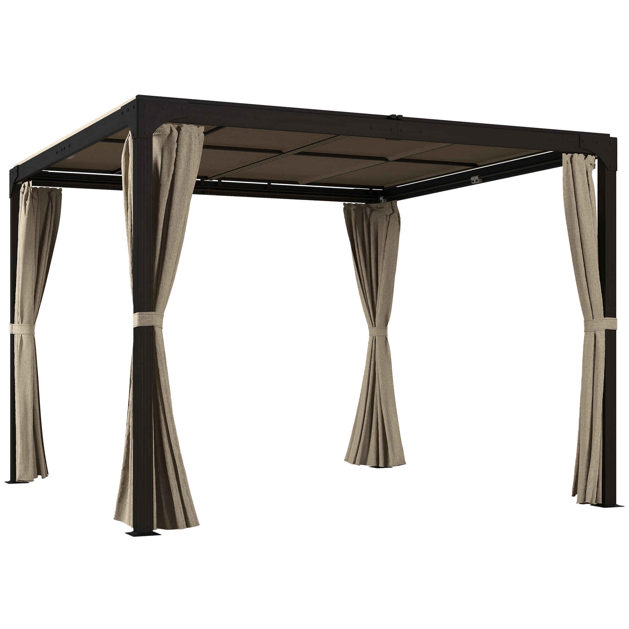 Pérgola de Aluminio 4,2x3 m Cenador de Jardín Gazebo con Techo Corredizo 4 Paredes Laterales y Orificios de Drenaje Pabellón para Patio Terraza Beige y Negro