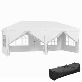 Carpa Plegable 6x3 m Cenador de Jardín con Altura Ajustable 6 Paneles Laterales 2 Puertas Cremallera 4 Ventanas Bolsa de Transporte e Impermeable Gazebo para Exterior Terraza Camping Blanco