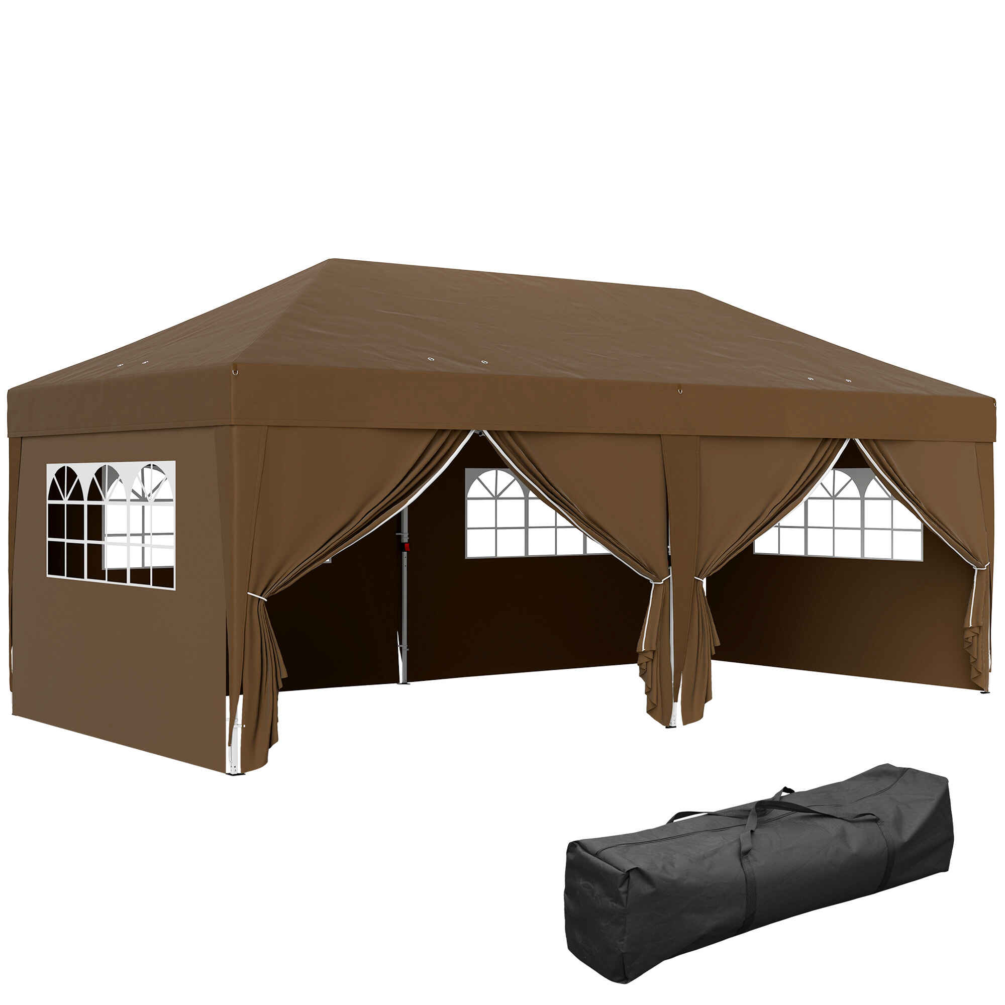 Carpa Plegable Gazebo 6x3 m Cenador Plegable con 6 Paredes Laterales Impermeable Anti-UV y Bolsa de Transporte Pabellón de Jardín para Camping Fiestas Café