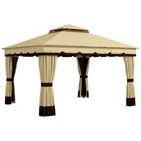 Cenador de Jardín 3,7x3 m Gazebo de Exterior con 4 Paredes Laterales 4 Mosquiteras Doble Techo Impermeable y Anti-UV para Terraza Patio Playa Beige