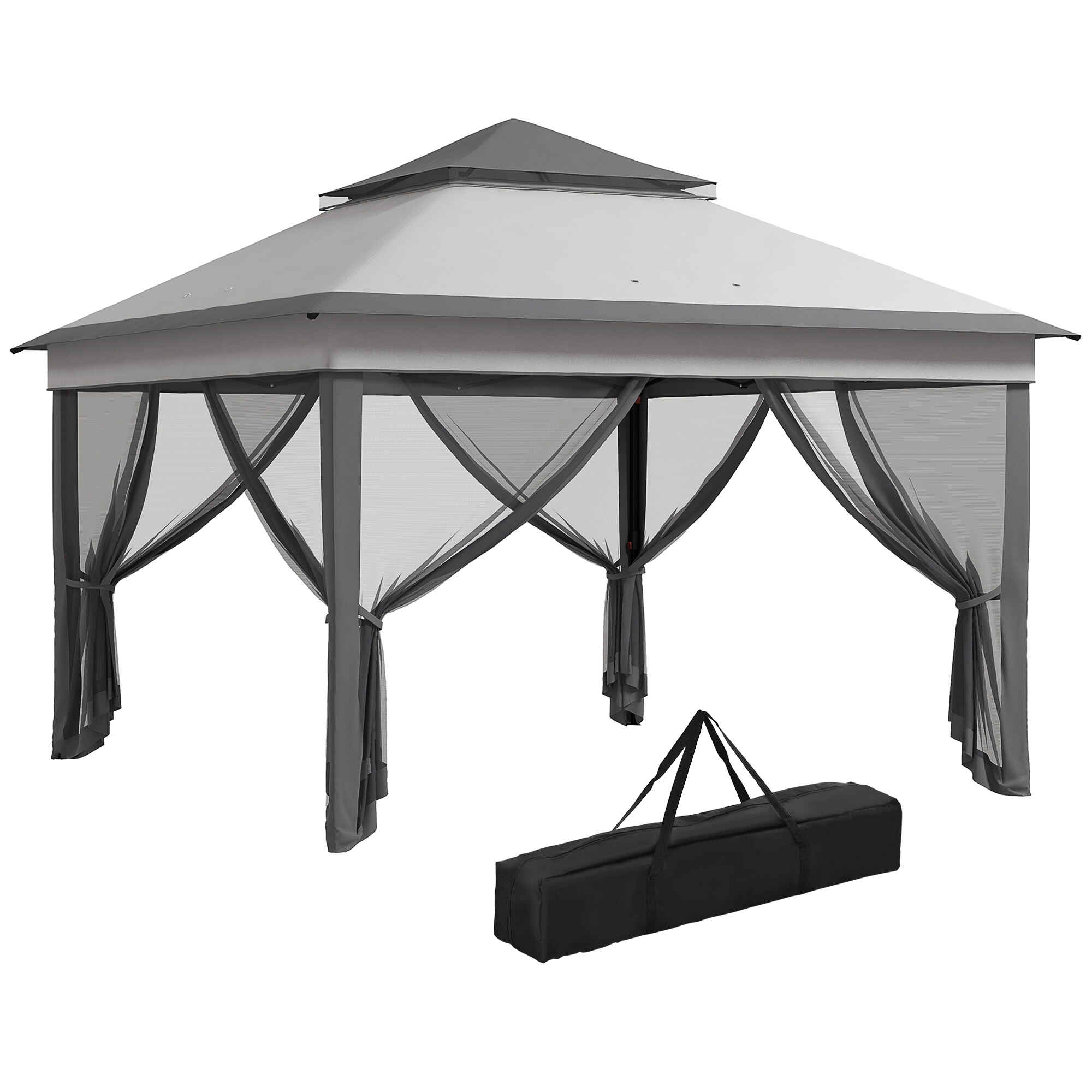 Carpa Plegable 3x3x2,7 m Cenador de Jardín con Doble Techo Altura Ajustable en 3 Niveles 4 Mosquiteras Protección UV30+ Impermeable y Bolsa Gazebo para Exterior Fiestas Camping Gris