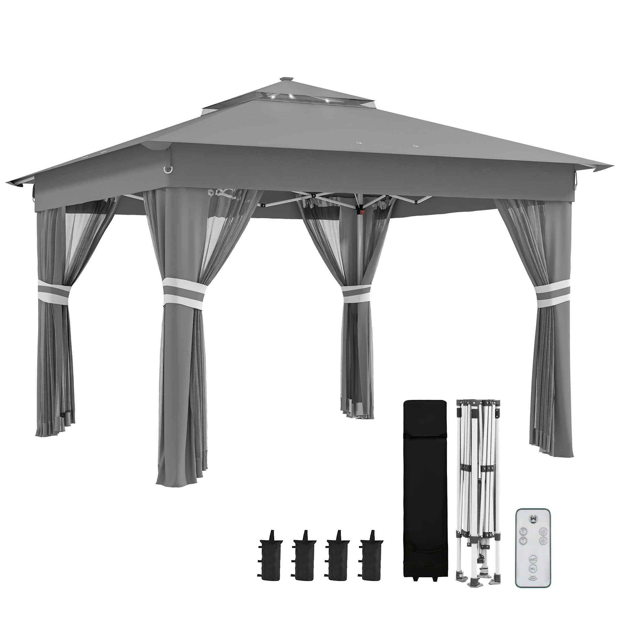Carpa Plegable 3x3 m Cenador de Jardín con 20 Luces LED Solares Doble Techo 4 Mosquiteras Altura Ajustable Mando a Distancia y Bolsa de Transporte para Jardín Patio Fiestas Gris