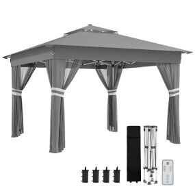 Carpa Plegable 3x3 m Cenador de Jardín con 20 Luces LED Solares Doble Techo 4 Mosquiteras Altura Ajustable Mando a Distancia y Bolsa de Transporte para Jardín Patio Fiestas Gris