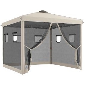 Carpa Plegable 3x3 m Cenador de Jardín con Pared Lateral de Malla 6 Ventanas Altura Ajustable en 3 Niveles Protección Rayos UV30+ e Impermeable Gazebo para Exterior Camping Fiestas Beige