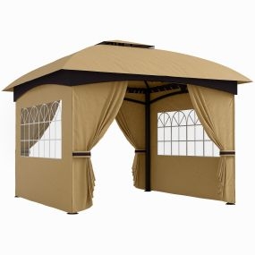 Cenador para Jardín 3,4x3,4 m Pérgola de Jardín Gazebo con Doble Techo Paredes Laterales Anti-UV y Ventanas Carpa para Exterior Terraza Patio Beige